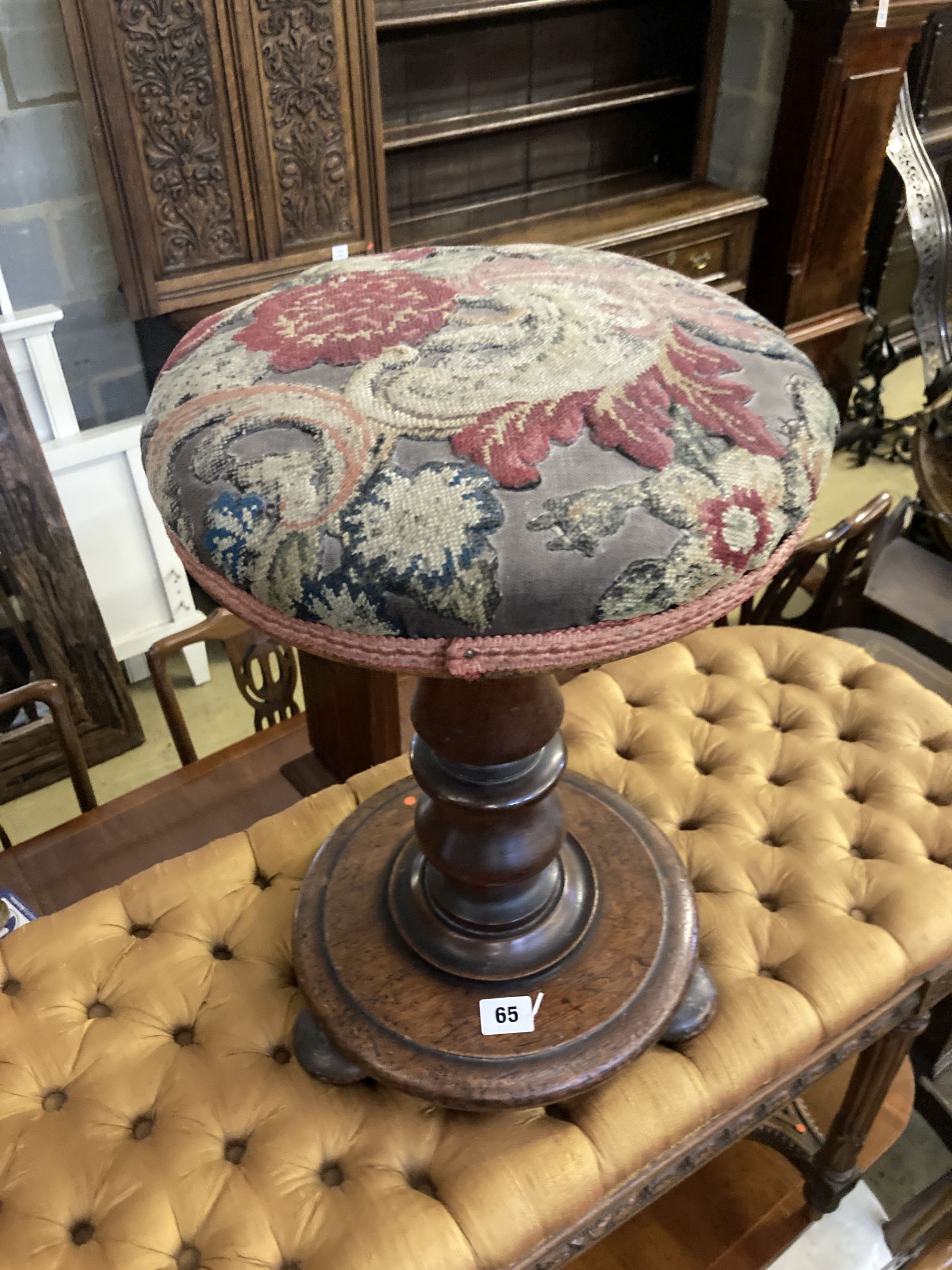 A French dressing stool, length 100cm, depth 38cm, height 52cm together with a Victorian adjustable piano stool